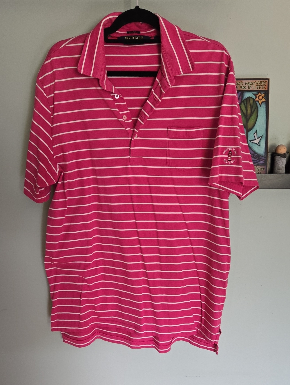 Ralph Lauren Pink and White Striped Polo Shirt From Harbour Town Golf Course XL